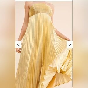 Anthropologie Let Me Be Nuuly Dress Gold Lame Pleated Plisse Medium Formal